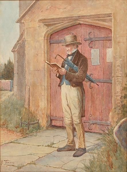 Elderly Gentleman Stood Before A
 Church, Holding Book And Umberella, And Another: Elderly Clergyman - view 1