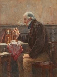 Gentleman Seated In A Study
Lighting His Pipe, Together With Another Of An Elderly Gentleman
Snoozing In A Chair Besides A Fire by Henry M. Terry