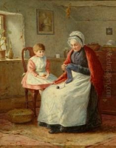 British, Interior Scene With Grandmother Darning And Child In A High Chair by Henry M. Terry