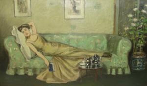 Interior Scene With Woman Reclined On Couch Holding Book And
 Wearing Gold/green Evening Dress On The Green Floral Couch Before A
 Silver Tea Set, With Japanese Prints Hung On Wall In Background And
 A Screen Behind Potted Flowers To Right - view 1