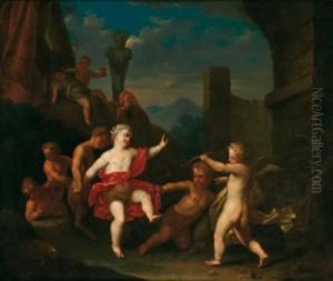 Baccanale Con Putti E Satiri In Un Paesaggio Classico Con Rovine by Matheus Terwesten