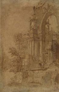 An Architectural Capriccio With An Ornate Arched Facade by Mauro Antonio Tesi
