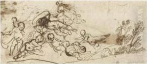Sketches Of Putti Flying Above A Landscape