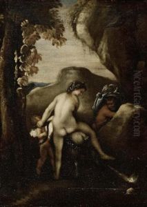 Mythologische Szene Mit Eros, Nymphe Und Satyr.