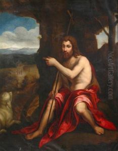 Saint John The Baptist Gesturing Toward A Scene Of The Baptismof Christ
