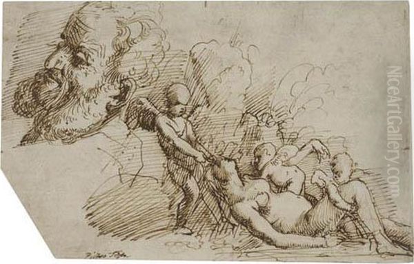 Sheet Of Studies With A Woman And Putti And A Man'shead - view 1