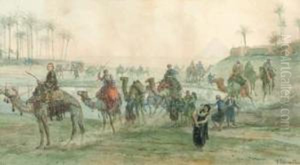 A Caravan In An Oasis Near The Egyptian Pyramids - view 1