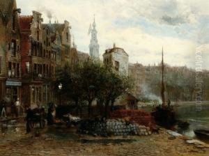 View Of Amsterdam In The Rain With To The Left A 'wijn- En Bierhuis' by Pierre-Henri-Theodore Tetar van Elven
