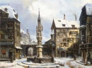 Winter: A Gothic Fountain In A German Town