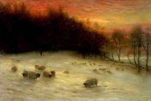 Sheep in a Winter Landscape Evening