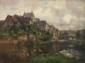 View On A City By The River. Besigheim On The Neckar. Signed Lower Left: A. Thamm by Gustav Adolf Thamm
