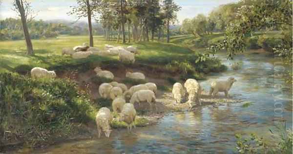 Sheep grazing by a river by Joseph Farquharson
