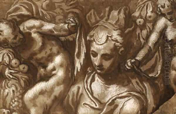 The bust of a woman flanked by male and female satyrs holding drapery - view 1