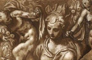 The bust of a woman flanked by male and female satyrs holding drapery by Paolo Farinati