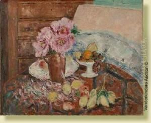Huilesur Toile "nature Morte Aux
 Fleurs Et Aux Fruits A Bois Meudon".signe En Bas A Droite P. Thevenet. 
Ecole Belge. (voir Etiquettes Audos). Dim.: 81x100 Cm.
