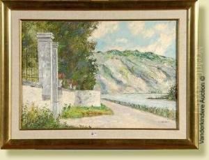 Huilesur Toile "le Portail En 
Bord De Meuse". Signe En Bas A Droite P.thevenet. Ecole Belge. Dim.: 
45x65cm.