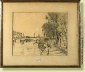 Quaisde Paris Animes, Fusain 
Rehausse Aux Pastels Sur Papier. Signe Enbas A Droite P. Thevenet. Ecole
 Belge. Dim.: 30,5x39cm.