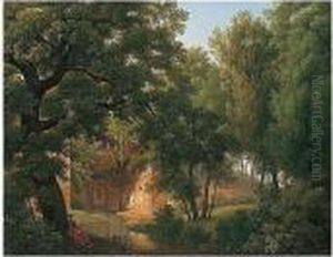 A Wooded Glade With A Figure Writing Beside A Stream Before A Roman Villa by Jean Thomas Thibault