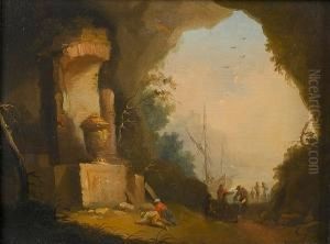 Figures Before Ruins At The Mouth Of A Grotto, A Mediterranean Harbour Beyond