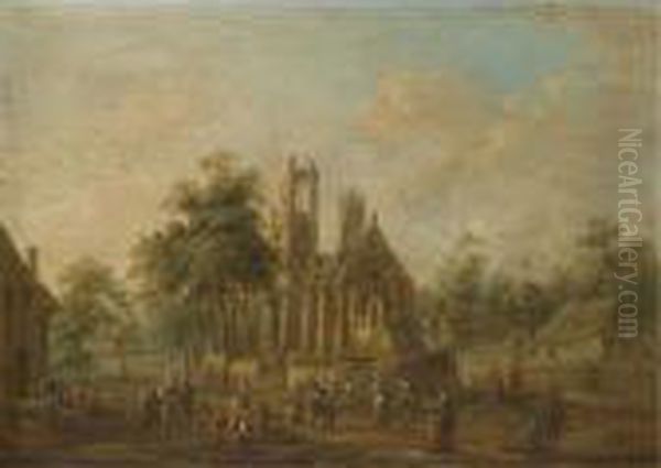 A Village Scene With Industrious
 Figures Before A Well Kept Church; A Village Scene With Figures Dancing
 And Drinking Before A Ruined Church - view 1
