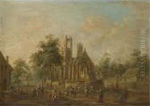 A Village Scene With Industrious
 Figures Before A Well Kept Church; A Village Scene With Figures Dancing
 And Drinking Before A Ruined Church