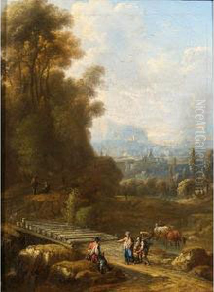 An Italianate Landscape With Herdsmen And Cattle Near A Bridge To The Foreground - view 1