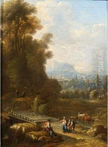 An Italianate Landscape With Herdsmen And Cattle Near A Bridge To The Foreground by Johann Alexander Thiele