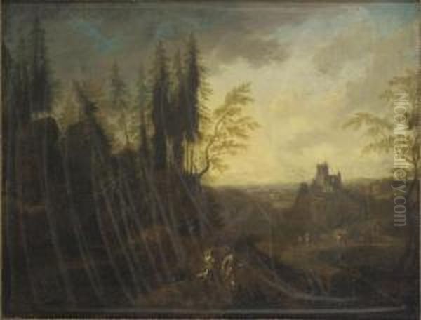 Mountainous Wooded Landscape
With Drovers And Their Animals A Hilltop Castle
Beyond - view 1