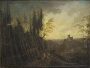 Mountainous Wooded Landscape
With Drovers And Their Animals A Hilltop Castle
Beyond by Johann Alexander Thiele