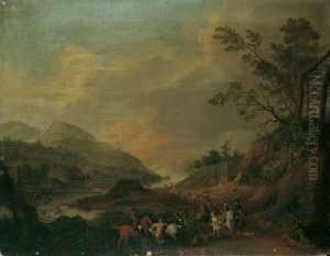 Umkreis Weite Flusslandschaft Mit Jagdgesellschaft. Ol Auf Leinwand. H 42; B 53 Cm by Johann Alexander Thiele