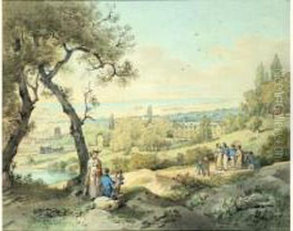 Promeneurs Devant Un Chateau Dit
"la Reine Hortense Et Ses Deux Fils Se Promenant Devant Le Chateau De
Saint-leu" - view 1