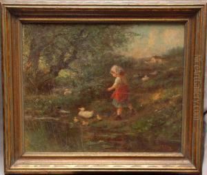 A Young Girl With Ducks Beside A Stream by James Crawford Thom
