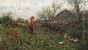 A Young Girl With Ducks Beside A Stream by James Crawford Thom