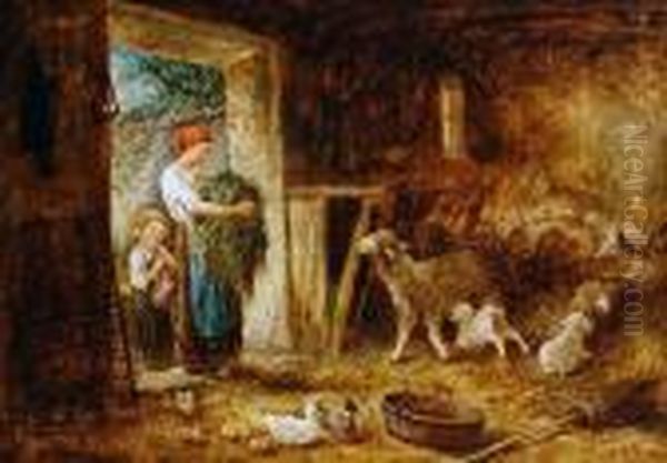 Mother And Child In A Barn, With Sheep And Ducks - view 1