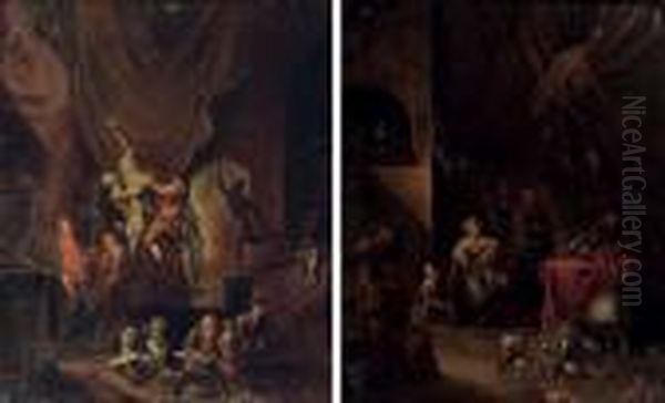 A Sculptor At Work In His 
Studio, His Pupils Drawing In The Foreground; And A Quack At Work In His
 Study With An Assistant, A Woman And Her Child Watching - view 1