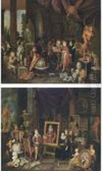 A Sculptor's Studio With Visitors; A Painter's Studio With Visitors by Gerard Thomas