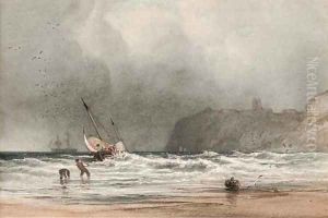 Hauling in the fishing boat onto the shore by Anthony Vandyke Copley Fielding