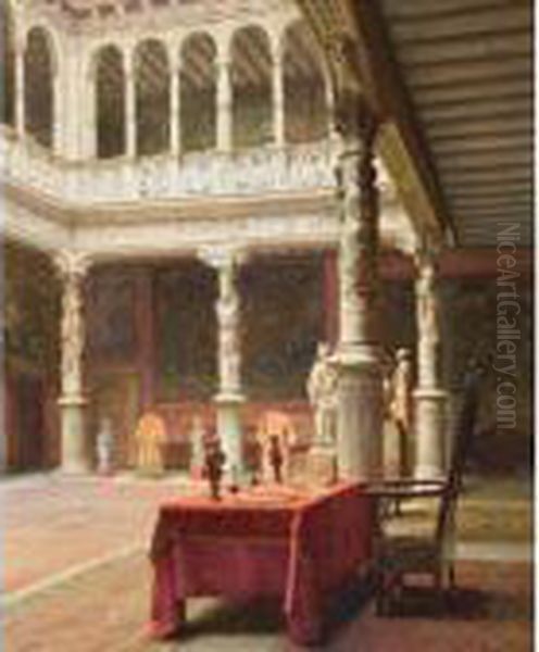 Colonnaded Interior With Table And Chair - view 1