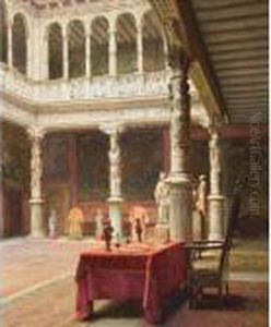 Colonnaded Interior With Table And Chair by Paul Thomas