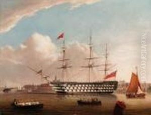 H.m.s. Victory At Her Permanent Mooring In Portsmouth Harbour by Robert Strickland Thomas