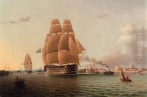 H.m.s. Queen And Other Shipping In Portsmouth Harbour by Robert Strickland Thomas