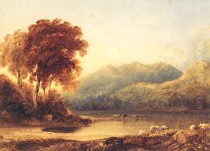 A Herder with Cattle at the Edge of a Lake in a mountainous Landscape