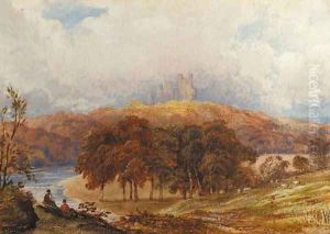 A view of Penrhyn Castle, Wales, with figures in the foreground A view of Penrhyn Castle, Wales, with figures in the foreground