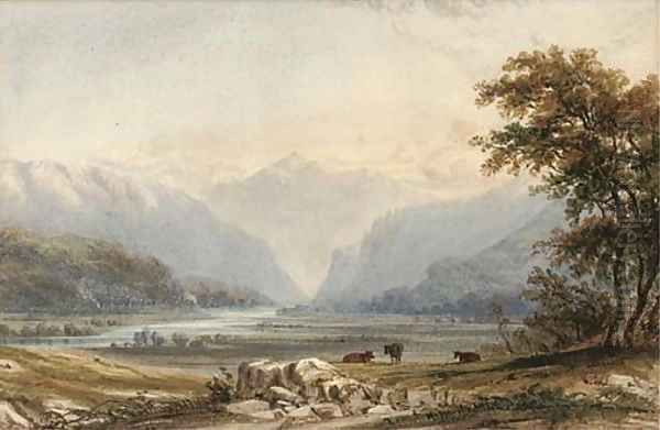 Evening, cattle grazing by a lake - view 1