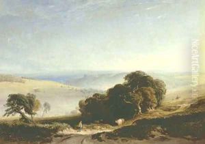 A view of the South Downs with a drover in the foreground, Arundel Castle beyond by Anthony Vandyke Copley Fielding