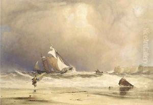 Fishing boats in a stiff breeze, off shore by Anthony Vandyke Copley Fielding