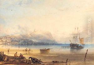 Scarborough, with a boat being vitalled in the harbour by Anthony Vandyke Copley Fielding