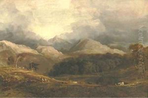 View from Pont Aberglaslyn looking west towards Moel Hebog and the Aberglaslyn woods, Caernarvanshire, north Wales by Anthony Vandyke Copley Fielding