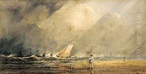 A figure standing on a beach with shipping beyond A figure standing on a beach with shipping beyond