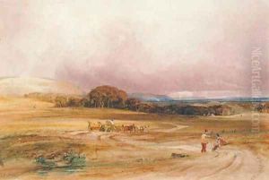 An extensive landscape with a hay-cart and figures in the foreground by Anthony Vandyke Copley Fielding